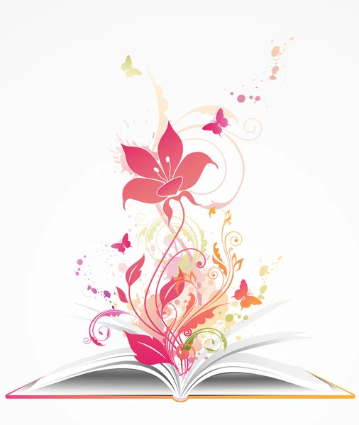 Libro abierto y flor rosa — Vector de stock