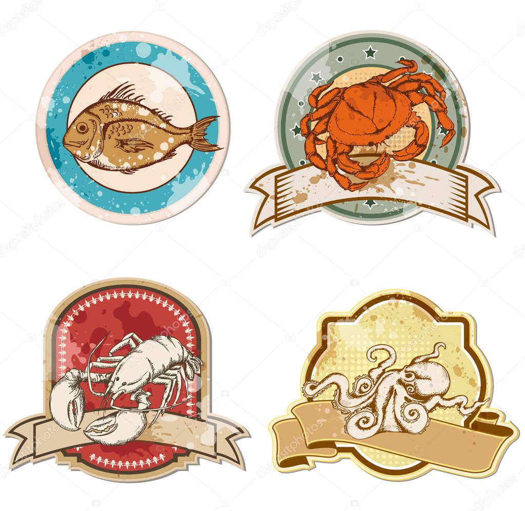 Set of vector vintage labels with seafood