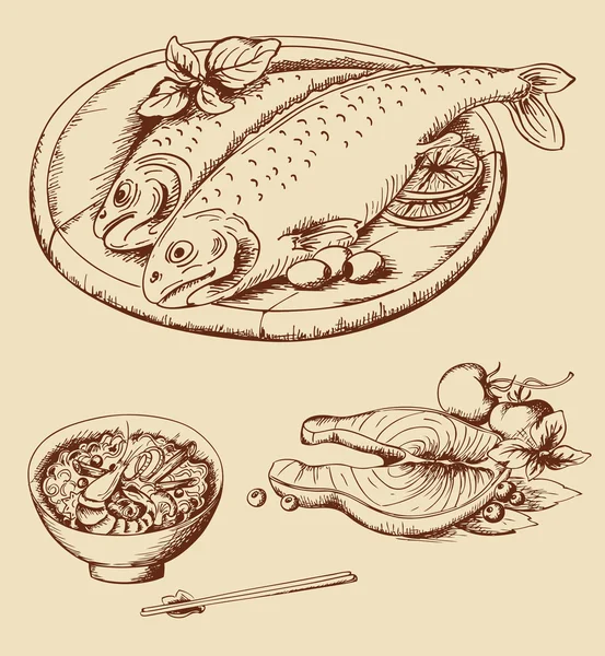 Hand drawn vintage seafood — Stock Vector