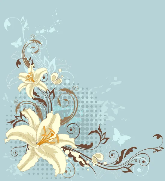 Blauwe bloemen achtergrond met lelie — Stockvector