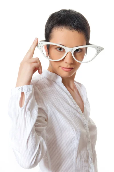 거 대 한 선글라스에 아름 다운 젊은 여자 — 스톡 사진