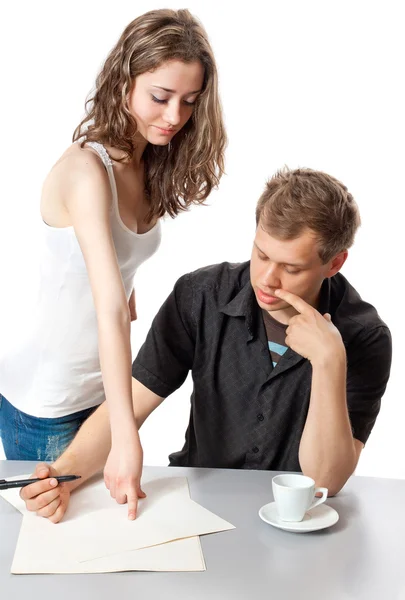 A young man and a woman discussing — Stock Photo, Image