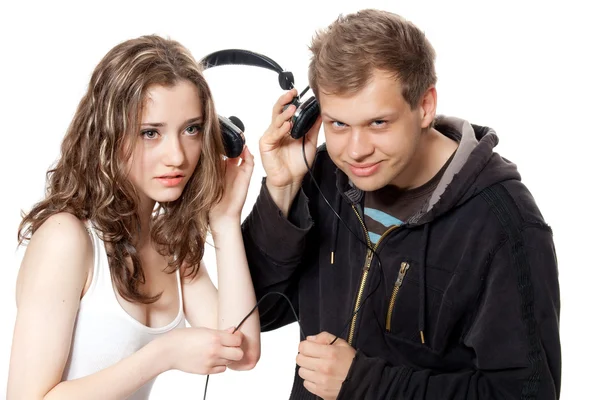 Hombre, chica, auriculares — Foto de Stock