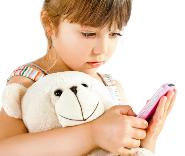 Kleines Mädchen Teddybär Telefon — Stockfoto