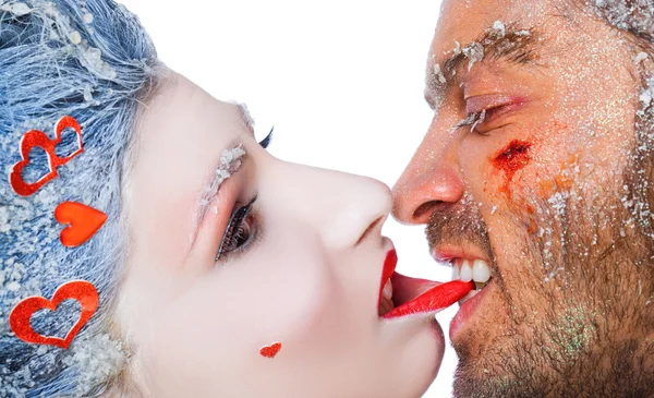Man biting woman's lip make-up — Stock Photo, Image