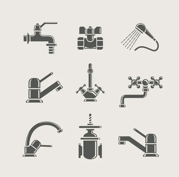 Wasserversorgung Armaturenmischer, Wasserhahn, Ventil für Wasser Set Symbol — Stockvektor