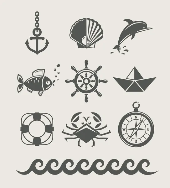 Mar y marino símbolo conjunto de iconos — Vector de stock