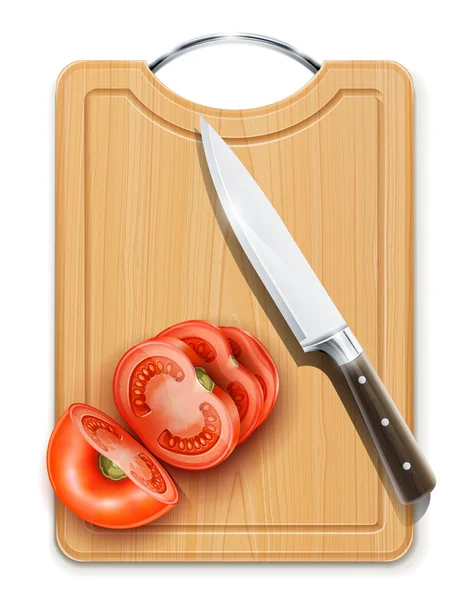 Tomato cuted segment with knife on hardboard — Stock Photo, Image
