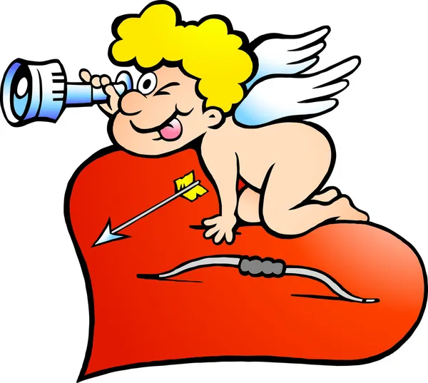 Handgetekende vectorillustratie van een amor engel jongen op zoek naar — Stockvector