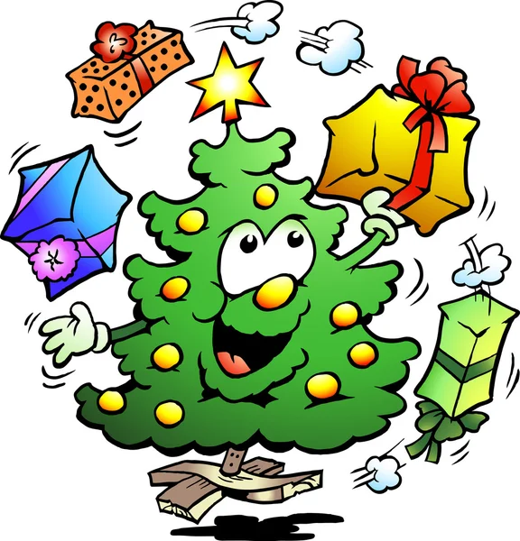 Handgetekende vectorillustratie van een kerst die jongleren geschenken — Stockvector
