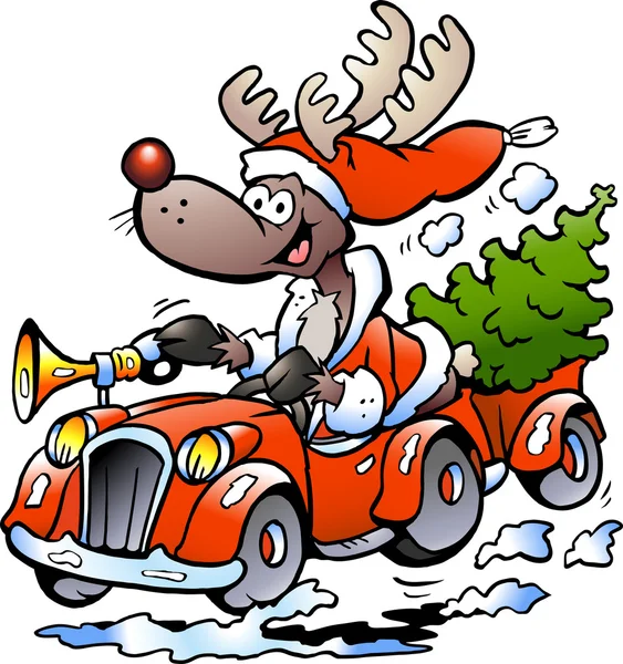 Illustration vectorielle dessinée à la main d'une voiture conduite par des rennes — Image vectorielle