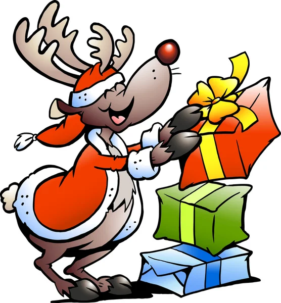 Ilustração vetorial desenhada à mão de uma rena com presentes de Natal — Vetor de Stock