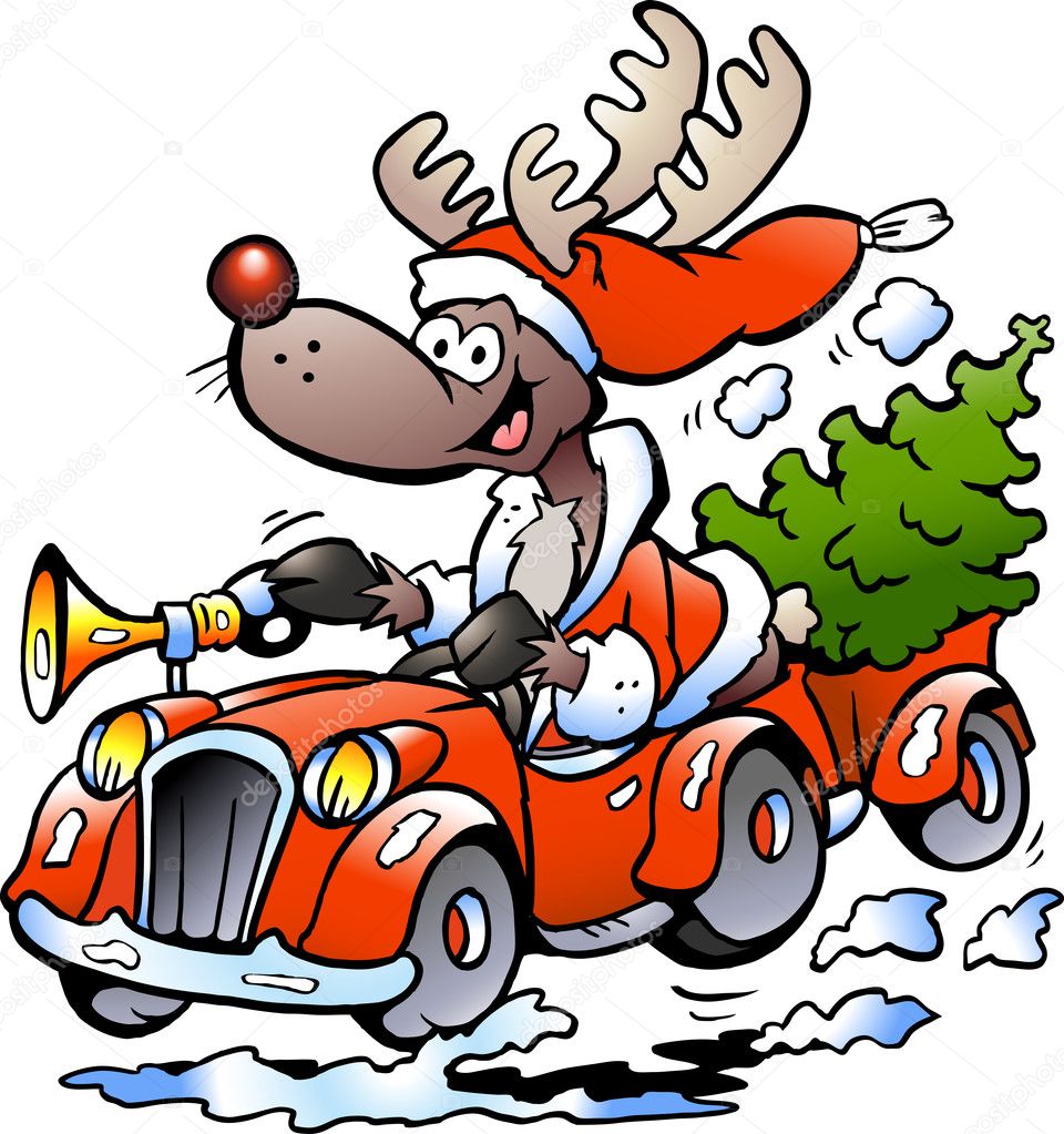 Hand-drawn Vector illustration of an Reindeer Driving Car