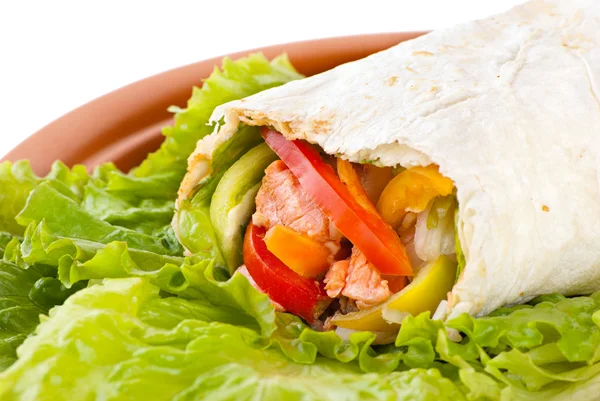 Burrito with salmon, peppers and tomato — Stock Photo, Image