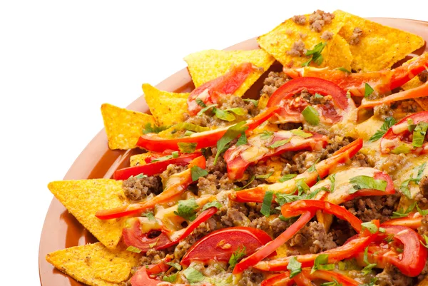 Spicy nachos with pork, tomato and pepper — Stock Photo, Image