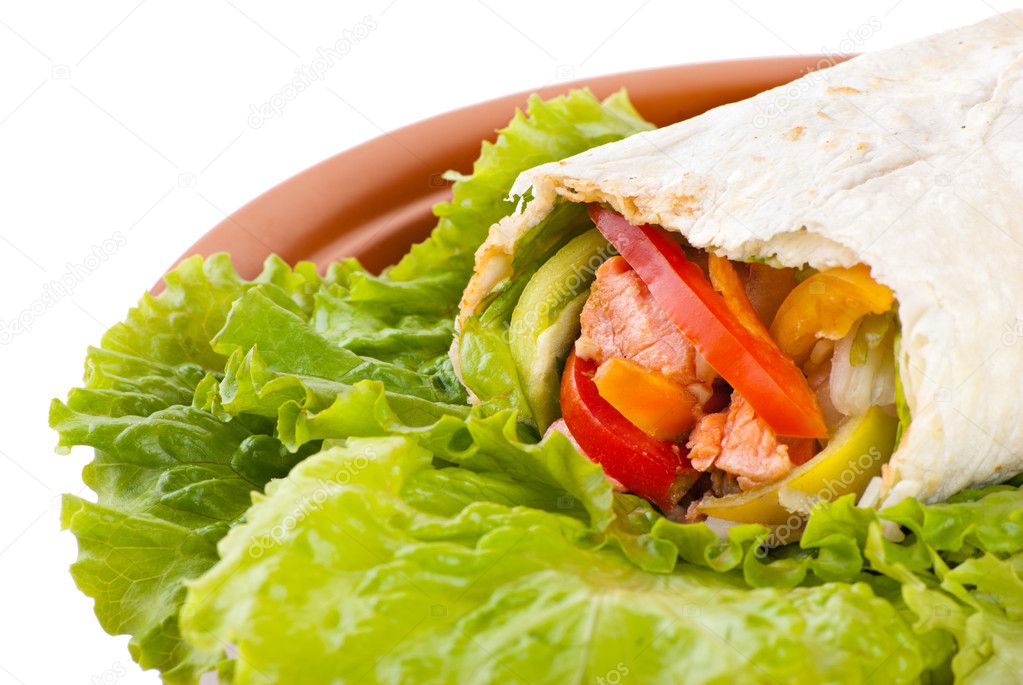 Burrito with salmon, peppers and tomato