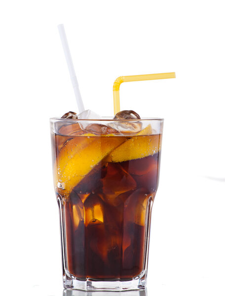 Cola drink with ice and yellow lemon on white