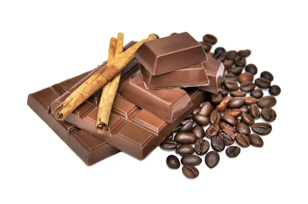 Cinnamon, chocolate and coffee beans — Stock Photo, Image