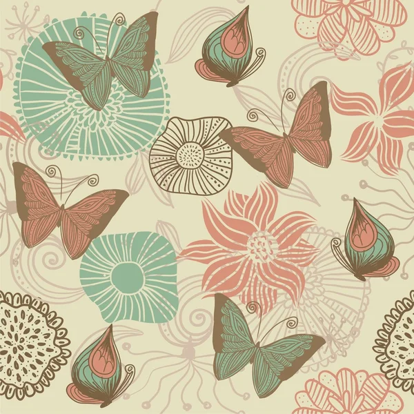 Fondo floral retro sin costuras con mariposas — Vector de stock