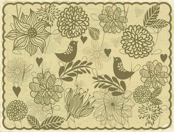 Cartão retrô com pássaros e flores — Vetor de Stock