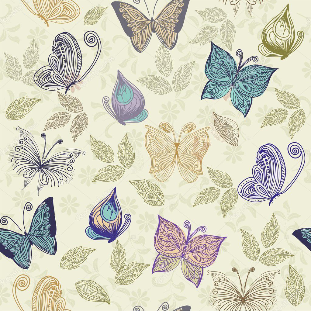 Seamless retro floral background with butterflies
