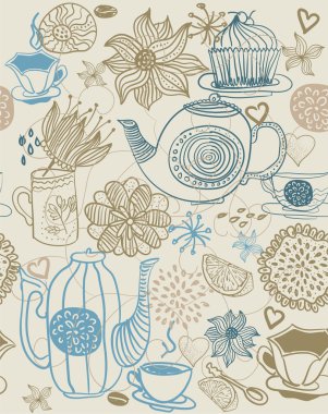 Seamless floral background with cups and teapots clipart