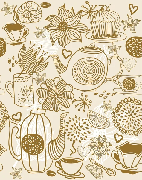 无缝花卉背景与杯子和茶壶 — 图库矢量图片