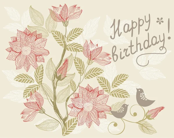 Carte florale rétro joyeux anniversaire — Image vectorielle