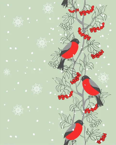 Vertical seamless winter pattern with bullfinches and rowan — Stock Vector
