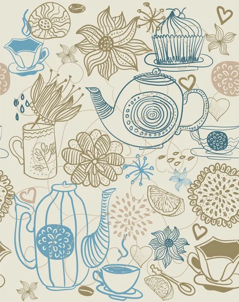 Бесшовный цветочный фон с чашки и чайники — стоковый вектор