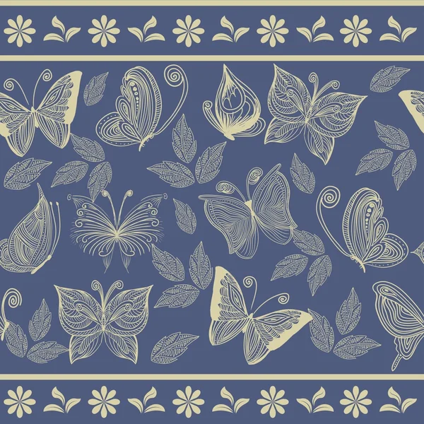 तितलियों के साथ निर्बाध रेट्रो फूल पृष्ठभूमि — स्टॉक वेक्टर