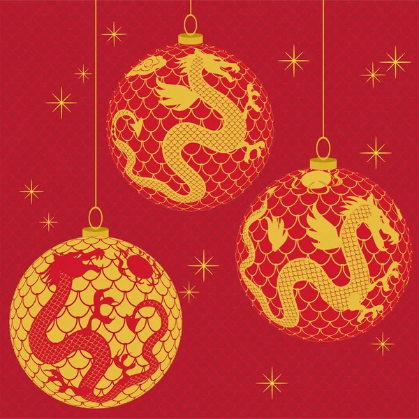 Boules de décoration de Noël avec dragon — Image vectorielle