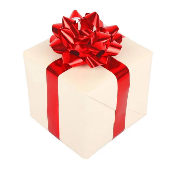 Caixa de presente branco com arco vermelho — Fotografia de Stock