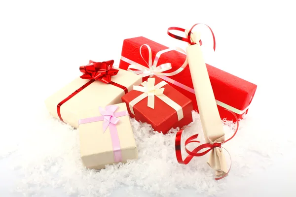 Christmas gift boxes on snow — Stock Photo, Image
