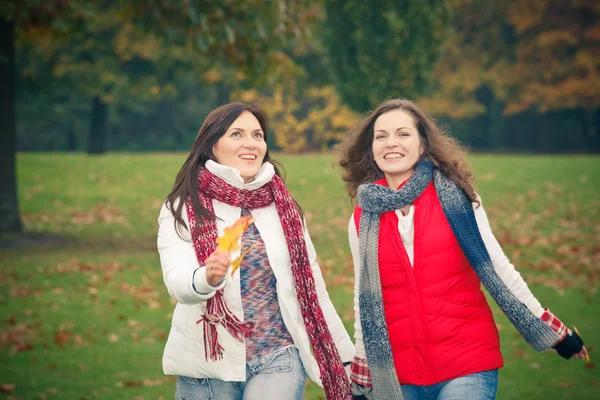 Twee jonge vrouw wandelen in herfst park — Stockfoto