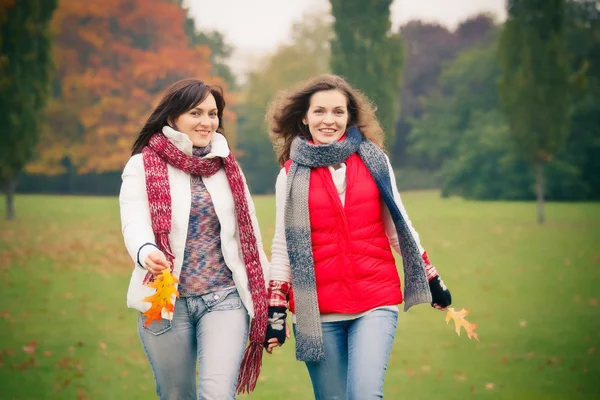 Dos jóvenes caminando en el parque de otoño — Foto de Stock