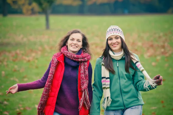 Due giovani donne che camminano nel parco autunnale — Foto Stock