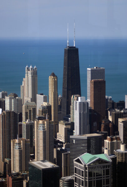 Shot of the Chicago skyline from above.