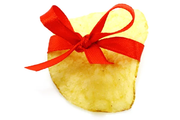 stock image Single potato chip with red bow