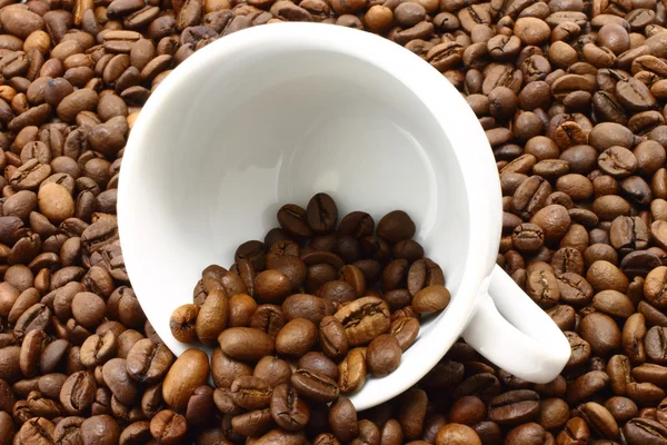 Taza blanca y granos de café — Foto de Stock