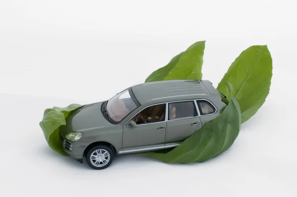 Folhas verdes e um carro.Concepção ecológica — Fotografia de Stock