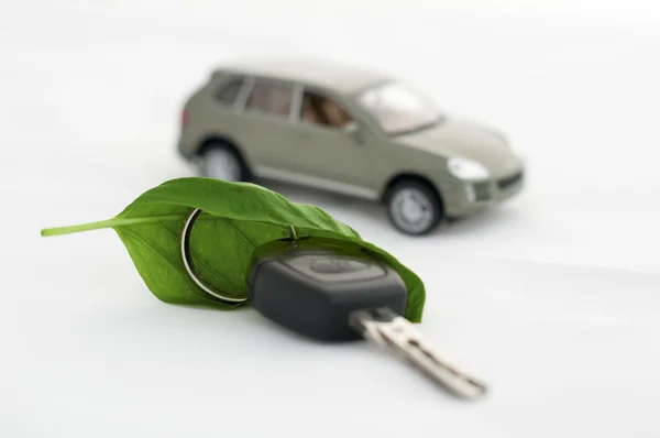 Key, green leave and a car.Ecology conception — Stock Photo, Image