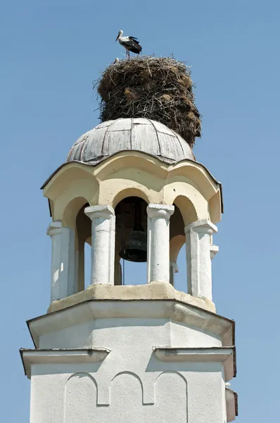 Storch im Nest auf Kuppel einer Kirche — Stockfoto