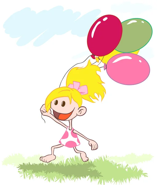 Маленькая девочка бежала по полю с воздушными шарами — стоковый вектор