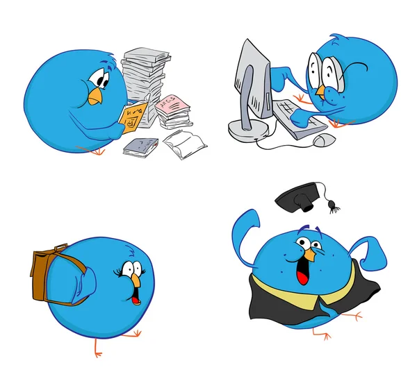 Quattro uccelli blu e apprendimento — Vettoriale Stock