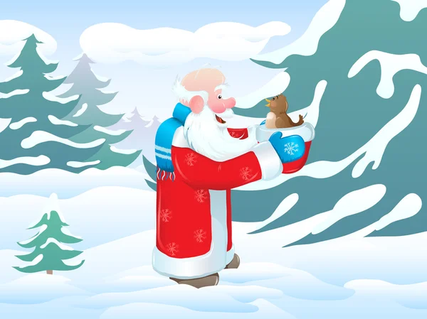 Père Noël avec un oiseau dans la forêt — Image vectorielle