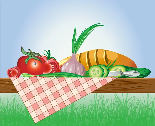 Conjunto de legumes com pão e toalha de mesa no fundo da natureza — Vetor de Stock
