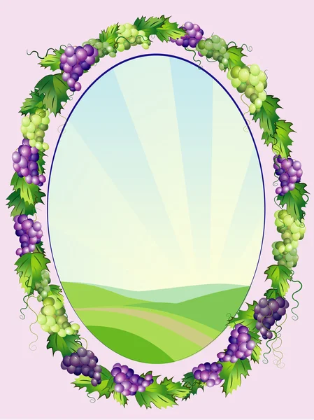 Bordure ovale décorative de raisins avec paysage — Image vectorielle