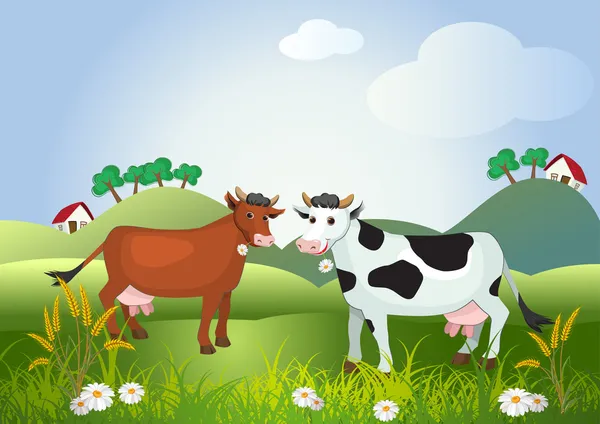 Two cows on meadow fields — Stock Vector