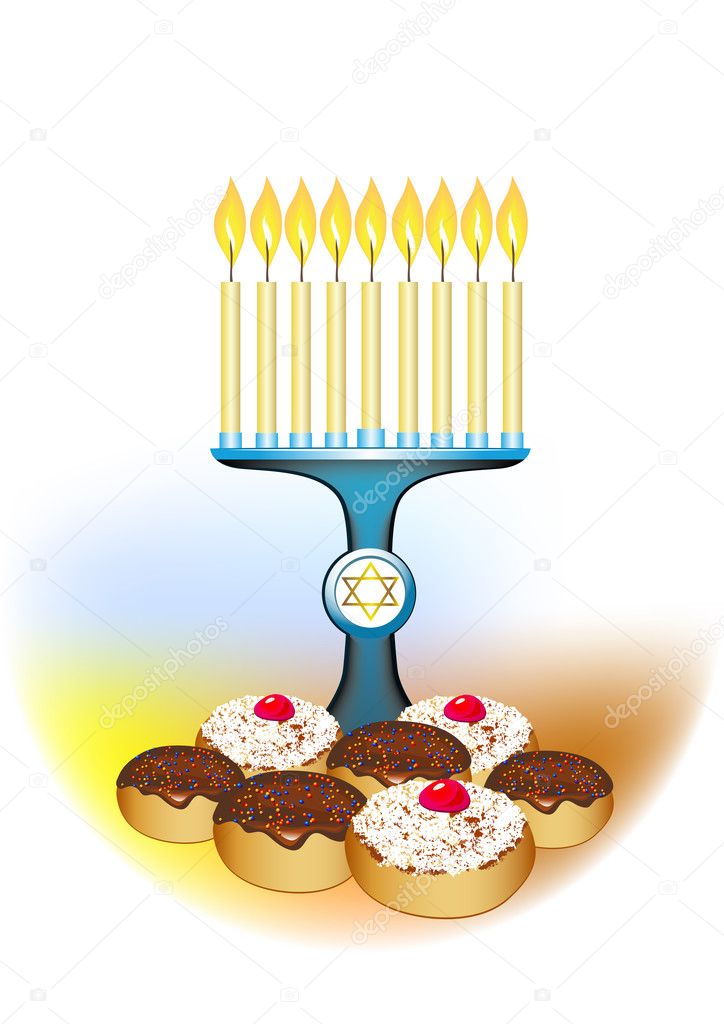 Hanukkah menorah with traditional donuts on white